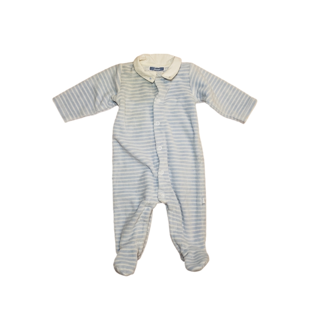 Jacadi 3m Blue and White Striped Velour Footed Coveralls One Piece Jumpsuit